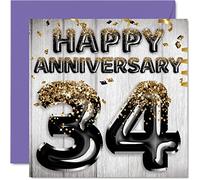 Awesome 34th Anniversary Card for Husband Boyfriend Wife Girlfriend - Black Gold Glitter Balloons - Happy 34 Anniversary Cards from Family, 145mm Greeting Cards Anniversaries