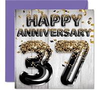 Awesome 37th Anniversary Card for Husband Boyfriend Wife Girlfriend - Black Gold Glitter Balloon - Happy 37 Anniversary Cards from Family, 145mm Greeting Cards Anniversaries