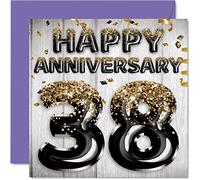 Awesome 38th Anniversary Card for Husband Boyfriend Wife Girlfriend - Black Gold Glitter Balloons - Happy 38 Anniversary Cards from Family, 145mm Greeting Cards Anniversaries