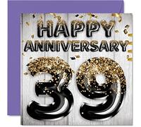 Awesome 39th Anniversary Card for Husband Boyfriend Wife Girlfriend - Black Gold Glitter Balloons - Happy 39 Anniversary Cards from Family, 145mm Greeting Cards for Anniversaries