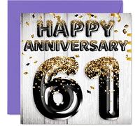 Awesome 61st Anniversary Card for Husband Boyfriend Wife Girlfriend - Black Gold Glitter Balloons - Happy 61 Anniversary Cards from Family, 145mm Greeting Cards for Anniversaries