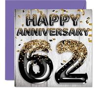 Awesome 62nd Anniversary Card for Husband Boyfriend Wife Girlfriend - Black Gold Glitter Balloons - Happy 62 Anniversary Cards from Family, 145mm Greeting Cards for Anniversaries