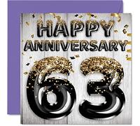 Awesome 63rd Anniversary Card for Husband Boyfriend Wife Girlfriend - Black Gold Glitter Balloons - Happy 63 Anniversary Cards from Family, 145mm Greeting Cards for Anniversaries