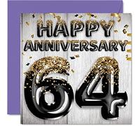 Awesome 64th Anniversary Card for Husband Boyfriend Wife Girlfriend - Black Gold Glitter Balloons - Happy 64 Anniversary Cards from Family, 145mm Greeting Cards for Anniversaries