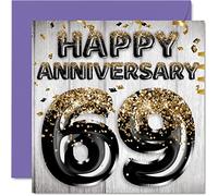 Awesome 69th Anniversary Card for Husband Boyfriend Wife Girlfriend - Black Gold Glitter Balloons - Happy 69 Anniversary Cards from Family, 145mm Greeting Cards for Anniversaries