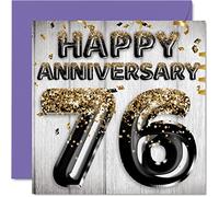 Awesome 76th Anniversary Card for Husband Boyfriend Wife Girlfriend - Black Gold Glitter Balloons - Happy 76 Anniversary Cards from Family, 145mm Greeting Cards Anniversaries