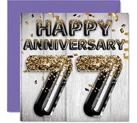 Awesome 77th Anniversary Card for Husband Boyfriend Wife Girlfriend - Black Gold Glitter Balloon - Happy 77 Anniversary Cards from Family, 145mm Greeting Cards Anniversaries
