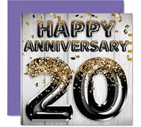 Awesome China Anniversary Card for Husband Boyfriend Wife Girlfriend - Black Gold Glitter Balloons - Happy 20th Anniversary Cards from Family, 145mm Greeting Cards for Anniversaries