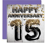 Awesome Crystal Anniversary Card for Husband Boyfriend Wife Girlfriend - Black Gold Glitter Balloon - Happy 15th Anniversary Cards from Family, 145mm Greeting Cards Anniversaries