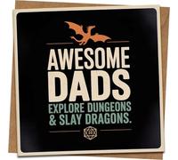 Awesome Dads Explore Dungeons & Slay Dragons Greeting Card - Funny D&D RPG Gamer Dad Card, Father’s Day or Birthday, 145mm Square with Kraft Envelope