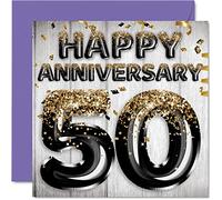 Awesome Gold Anniversary Card for Husband Boyfriend Wife Girlfriend - Black Gold Glitter Balloons - Happy 50th Anniversary Cards from Family, 145mm Greeting Cards for Anniversaries