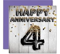 Awesome Linen Anniversary Card for Husband Boyfriend Wife Girlfriend - Black Gold Glitter Balloons - Happy 4th Anniversary Cards from Family, 145mm Greeting Cards for Anniversaries