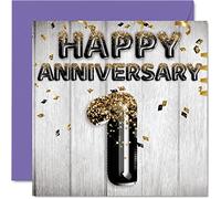 Awesome Paper Anniversary Card for Husband Boyfriend Wife Girlfriend - Black Gold Glitter Balloons - Happy 1st Anniversary Cards from Family, 145mm Greeting Cards for Anniversaries