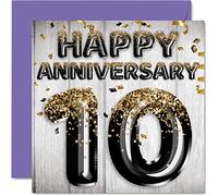 Awesome Tin Anniversary Card for Husband Boyfriend Wife Girlfriend - Black Gold Glitter Balloons - Happy 10th Anniversary Cards from Family, 145mm Greeting Cards for Anniversaries