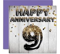 Awesome Willow Anniversary Card for Husband Boyfriend Wife Girlfriend - Black Gold Glitter Balloons - Happy 9th Anniversary Cards from Family, 145mm Greeting Cards for Anniversaries