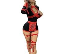 Awevudst Womens Sexy Ninja Costume Long Sleeve Round Neck Front Cutout Slim Fit Ninja Short Romper with Print Belt (Black, L)