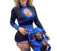 Awevudst Womens Sexy Ninja Costume Long Sleeve Round Neck Front Cutout Slim Fit Ninja Short Romper with Print Belt (Blue, S)