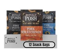 Awfully Posh Pork Snacks Pack of 12 Bundle | Scratchings, Cracklings, and Puffs | Made Using Prime Cuts, No Nasties | A Bag of Perfectly Even Strips of Meaty Goodness | A Cut Above the Rest!