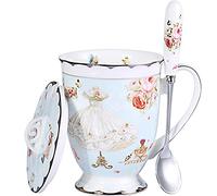AWHOME Tea Cup and Lid and Spoon Set Royal Fine Bone China Coffee Mug 330ml Light Blue TeaCups