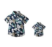 AWIBMK Daddy and Me Matching Outfits Hawaiian Father and Son Matching Shirts for Family Photoshoot Summer Men Boys Father's Day Tops, Dark Blue Leaves, Large