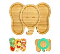 AWIIK - Bamboo Dish with Strong Suction Cup for Babies and Toddlers - BLW Bamboo Non-Slip Suction Plate - Anti Roll Infant Plate for Learning to Eat BLW (Elephant)