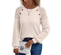 Awinclo Fall 2025 Long Sleeve Lace Patchwork Dressy Tops for Women Casual Crew Neck Button Knitted Pullover Jumper Woman Sweaters Apricot M