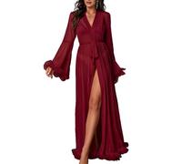 Awinclo Floor Length Robe for Women Sheer Mesh Long Sleeve Ruffle Trim Belted Bridal Wedding Nightgown Loungewear Wine Red XX-Large