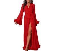 Awinclo Floor Length Robe for Women Sheer Mesh Long Sleeve Ruffle Trim Belted Bridal Wedding Nightgown Loungewear Red XX-Large