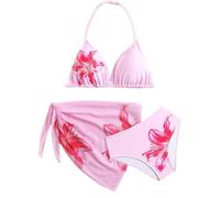 Awinclo Girls 3 Piece Bow Print Swimsuit Spaghetti Strap Crop Top Bikini Set Cute Mesh Ruched Cover Up Skirt Hawaii Pink 8 Years