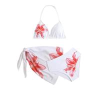 Awinclo Girls 3 Piece Bow Print Swimsuit Spaghetti Strap Crop Top Bikini Set Cute Mesh Ruched Cover Up Skirt Hawaii White 9 Years