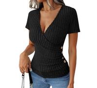 Awinclo Short Sleeve Shirts for Women Sexy Sweater V Neck Ribbed Knit Jumper Slim Fit Wrap Top 2026 Spring Summer Casual Fashion Clothes Black Medium