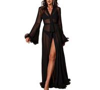 Awinclo Wedding Bride Robe for Women Sheer Mesh Long Sleeve Ruffle Trim Belted Maxi Nightgown Bridal Lingerie Loungewear Black Medium