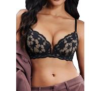 Awinclo Women's Floral Embroidered Lace Plunge Bra Sheer Mesh Deep V Underwired Push Up Bra with Scalloped Edge Black 40C