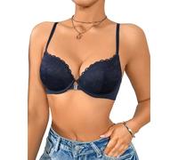 Awinclo Women's Lace Front Fastening Bras Push Up Underwire Plain Sexy Racerback High Support Bra Dark Blue 34C