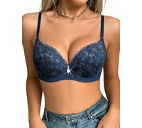 Awinclo Womens Practical Push Up Bra Half Cup Lace Underwire Support Removable Back Straps Strong Lift Comfort Daily Bra Navy Blue 40B