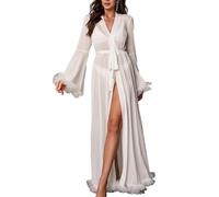 Awinclo Womens Sheer Mesh Robe Long Sleeve Ruffle Trim Belted Bride Wedding Nightwear Nightgown Bridal Lingerie White XX-Large
