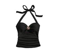 Awinclo Women's V Neck Halter Tops Open Back Y2k Ruched Floral Metal Summer Going Out Cami Tops Black X-Small