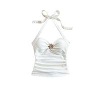 Awinclo Women's V Neck Halter Tops Open Back Y2k Ruched Floral Metal Summer Going Out Cami Tops White Medium