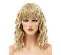 AWINGGILA Short Blonde Wig with Bangs Wavy and Curly for White Women Cosplay Wig Heat Resistant Synthetic Color