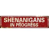 AWISZZZ Vintage Metal Tin Sign Retro Shenanigans In Progress Signs Stylish Wall Art Plaques for Home Decor Bathroom Kitchen House and Gothic Wall Decor or as a Unique Poster 16x4 in