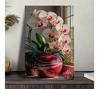 awitufhgp 1pc Elegant Orchid Canvas Art Vibrant White Pink Orchids in a Red Vase by the Window, Contemporary Wall Decor for Living Room(60x80cm/70x90cm)