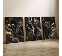 awitufhgp 3pc Black Golden Marble Canvas Wall Art, Modern Abstract Prints Elegant Swirls In Matte Black & Golden, for Living Room(60x80cmx3/No frame)