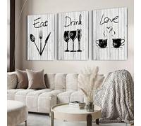 awitufhgp 3pc Canvas Wall Art - Eat Drink Love Signs With Dining Utensils, Rustic Wood Texture Prints In Black & Gray, Home Decor(30x40cmx3/12x16inx3 /No frame)