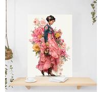 awitufhgp Canvas Artwork Featuring Woman Traditional Korean Hanbok Adorned with Flowers, for Living Room, Bedroom, Study, Bathroom(70x90cm/with frame)