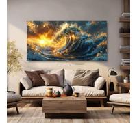 awitufhgp Golden Ocean Wave With Radiant Sun, Glowing Sunset Hues, Luminous Cloudscape, for Living Room, Office, Home Decor(45x90cm/18x35in /No frame)