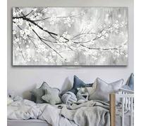 awitufhgp Large Cherry Blossom Inspired Canvas Wall Art Print - White & Grey Modern Minimalist, for Bedroom, Office, Bedroom, Study(30x60cm/No frame)
