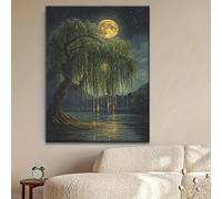 awitufhgp Modern Canvas Wall Art - Willow Tree Full Moon Reflections - Nature Themed Home, Office, Living Room Decor Serene Artwork(40x50cm/No frame)