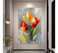 awitufhgp Modern Vibrant Red Yellow Green Floral Canvas, Frameless Textured Wall Decor for Living Room Bedroom Office Hotel Frameless(60x80cm/70x90cm)