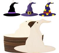 AWIZOM 48 Pcs Witch's Hat Wood Cutouts with Hole Unfinished Wooden Witch Hat Ornaments Blank Wood Halloween Slices with Twine for DIY Crafts Present Tags Halloween Hanging Decorations,4.72x3.94"