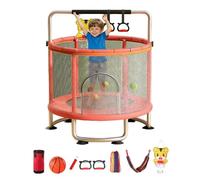 Awjaisca Adjustable Kids Trampoline with 440 Lbs Weight Capacity, 3 Layers Thickened Safety Mat with Basketball Hoop, Swing, Sandbag, Ocean Ball, Kids Gift for 3-8 Years Old Pink Pink